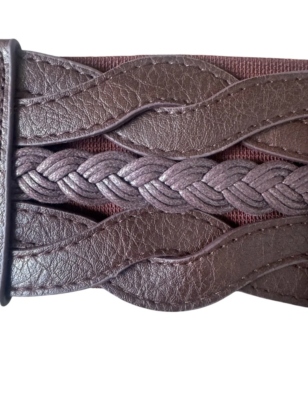 Brown Braided Stretch Waist Belt Gold Tone Buckle Wide 3